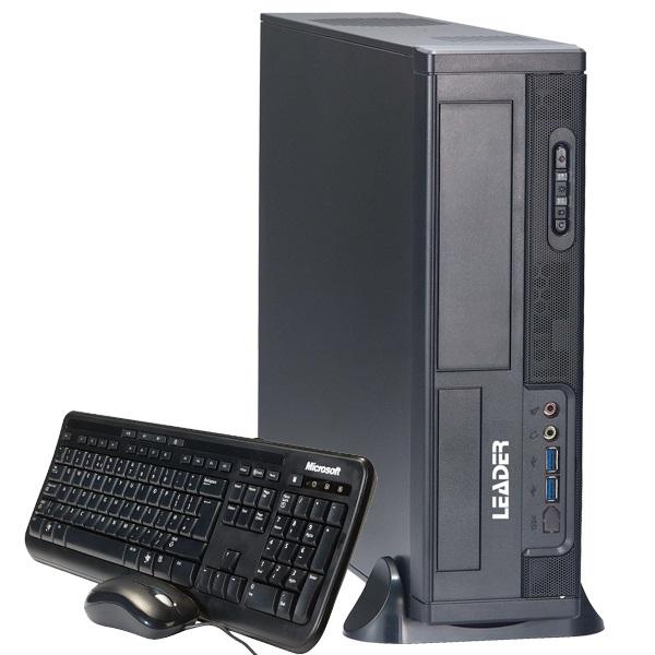 LEADER Corporate S19 Slim Desktop showcasing its sleek design and ports, featuring Intel i5-9400F processor and Gigabyte GT 710 graphics card.